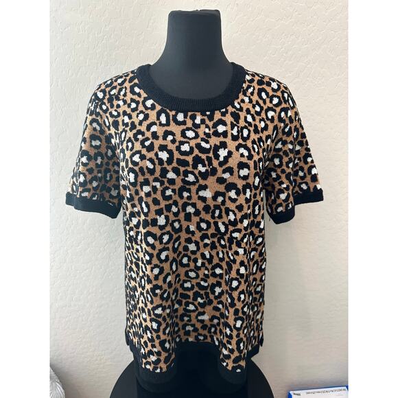MICHAEL KORS | Leopard Animal Print Thick Knit Short Sleeve Sweater | XL - Picture 2 of 6